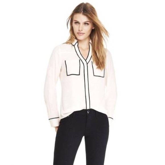 Express Original Fit Ivory Contrast Piping Portofino Blouse Roll Tab Sleeves Med - Picture 9 of 9